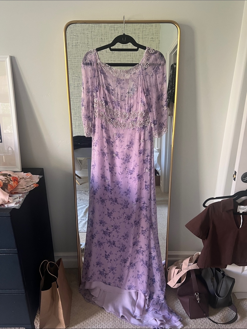 Lavender Floral Embroidered Evening Dress - Women's
